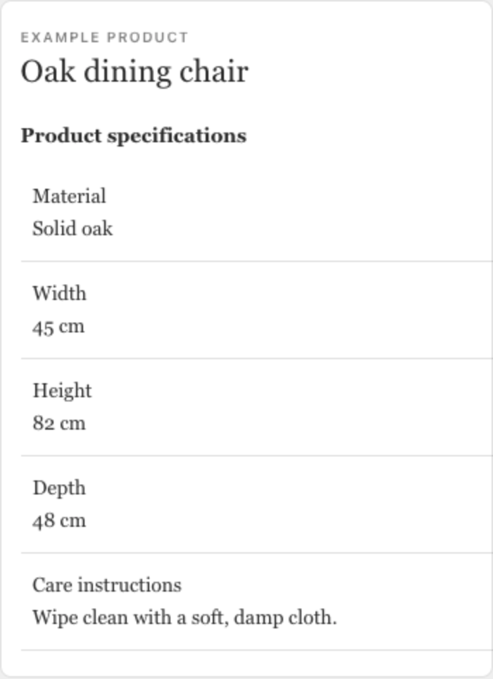 Actual MetaSpecs mobile preview of a product specification table