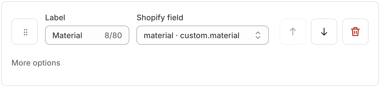 The actual MetaSpecs row editor connecting a Material label to its product metafield