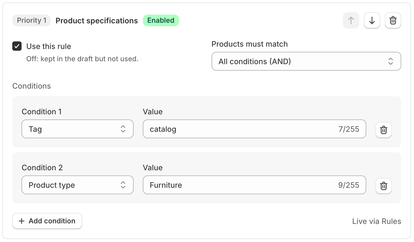 Actual MetaSpecs rule with priority, match mode and two conditions